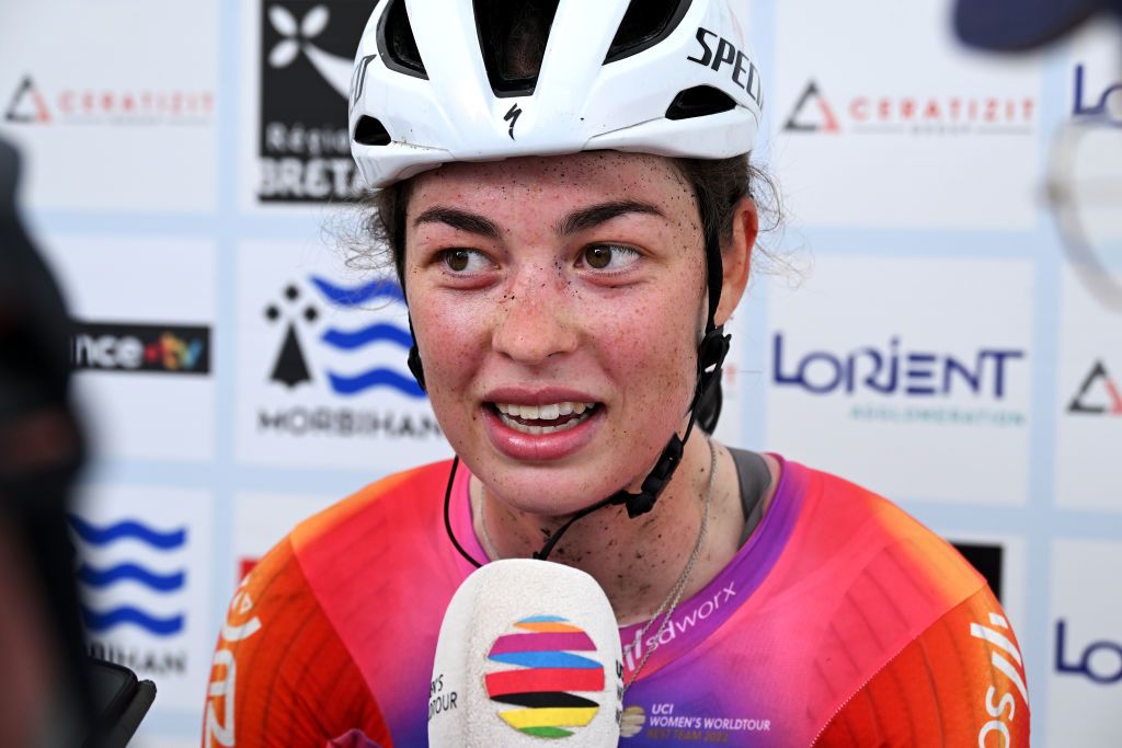 Mischa Bredewold (SD Worx) talks to reporters after her victory