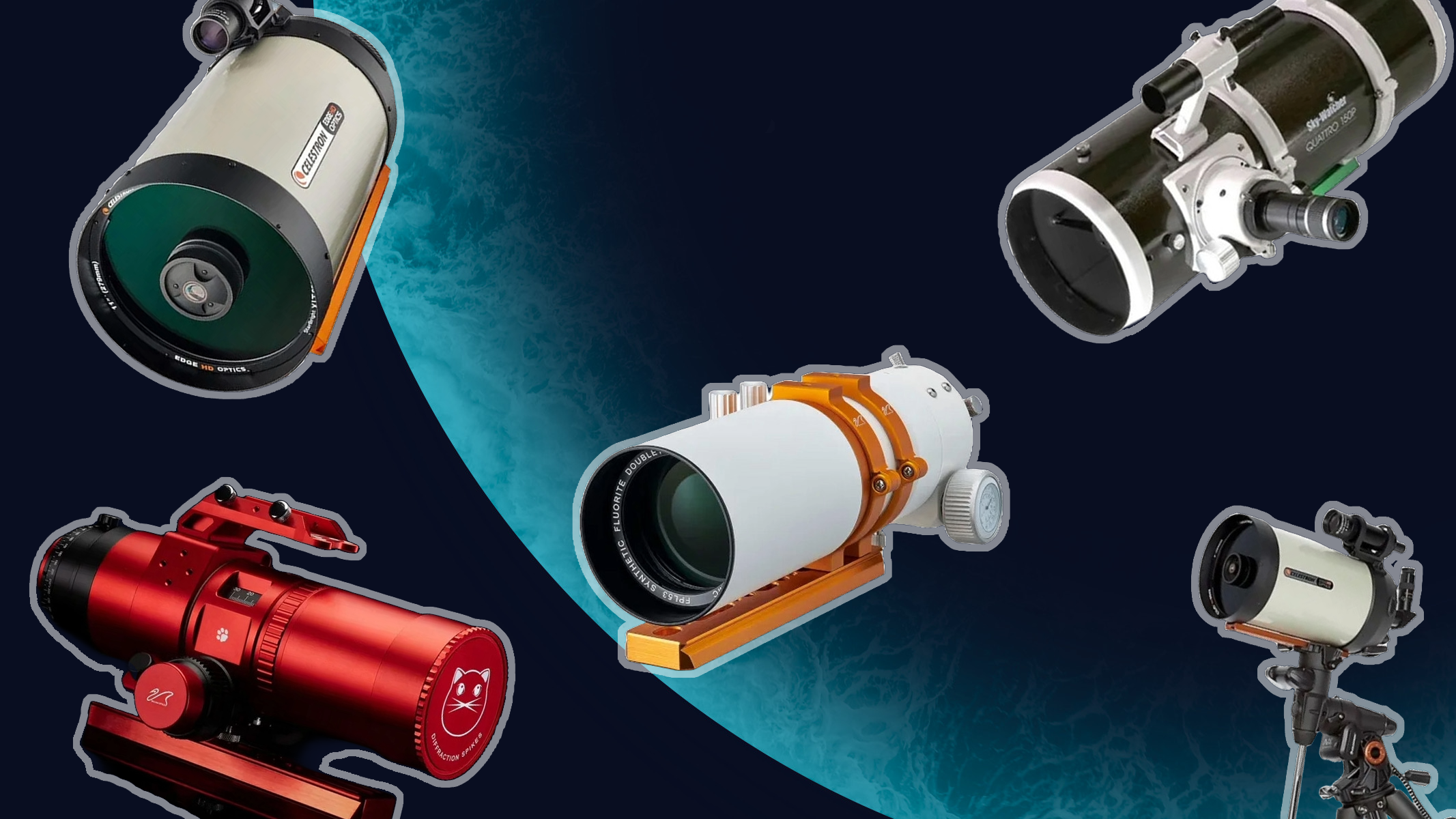 A selection of Celestron / Sky-Watcher / William Optics telescopes in front of a background of a planet.