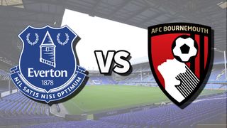 The Everton and AFC Bournemouth club badges on top of a photo of Goodison Park stadium in Liverpool, England