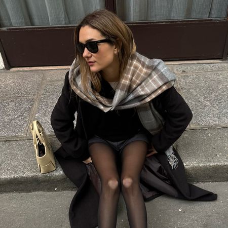 a woman wearing a black coat, black sheer tights, a plaid scarf, black sunglasses, and a yellow handbag 