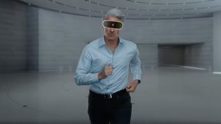 Screencap of Craig Federighi from WWDC 2022 overlayed with Apple mixed reality headset concept by Antonia De Rosa