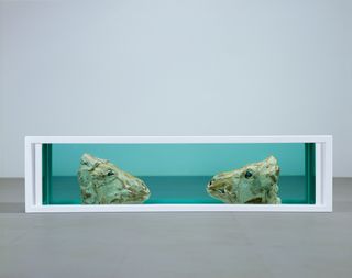 Damien Hirst, Schizophrenogenesis, 2008, Glass, painted stainless steel, silicone, acrylic, cows' heads, and formaldehyde solution