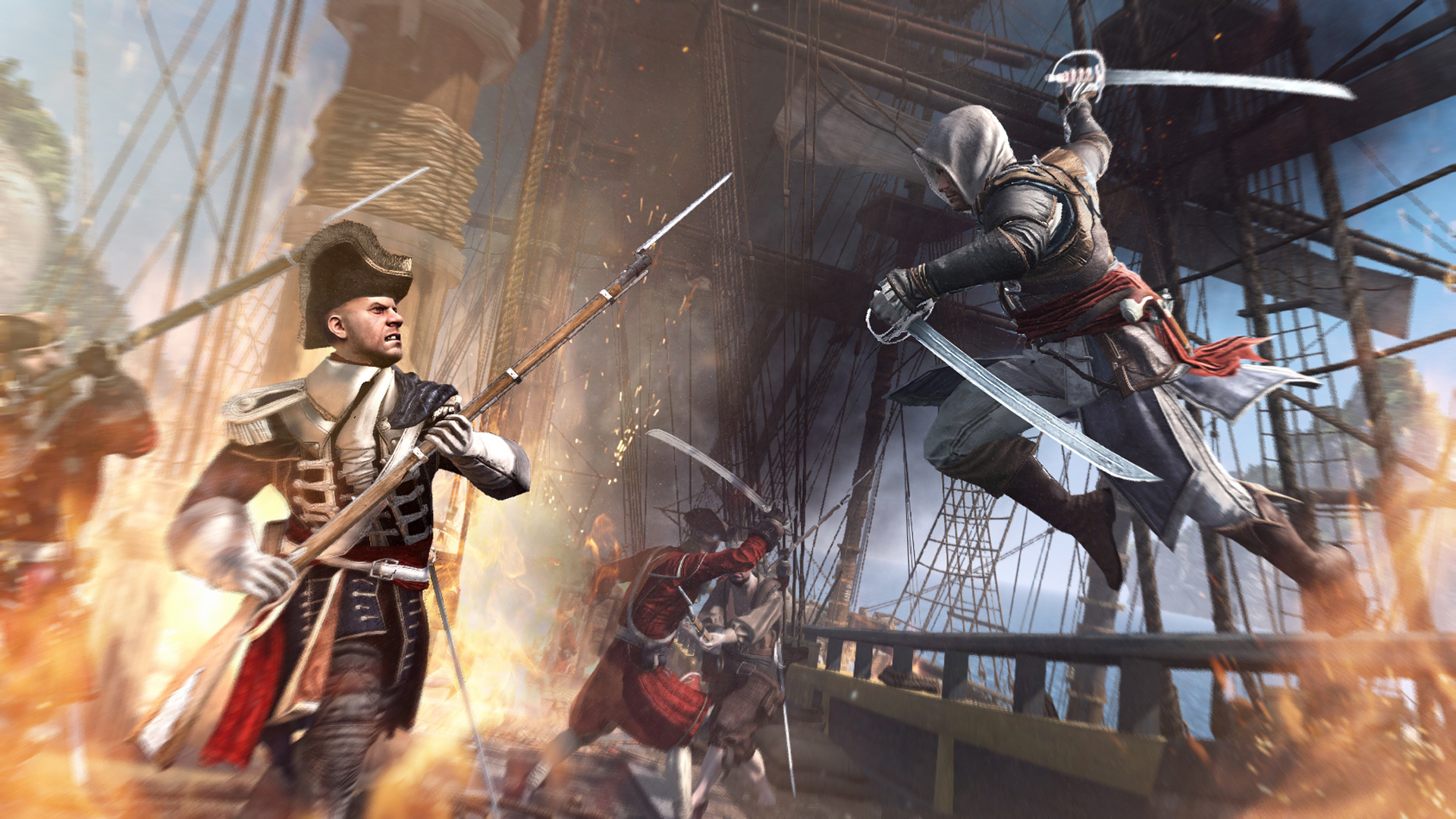 best Assassin's Creed games: Protagonist Edward Kenway jumping from a ship at a soldier, his blade raised