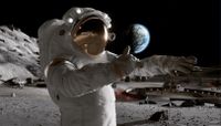 A video game astronaut stands on the surface of the Moon