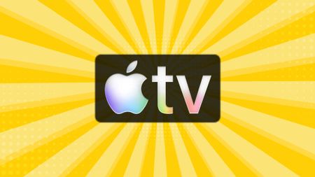Apple TV logo on a yellow rays background
