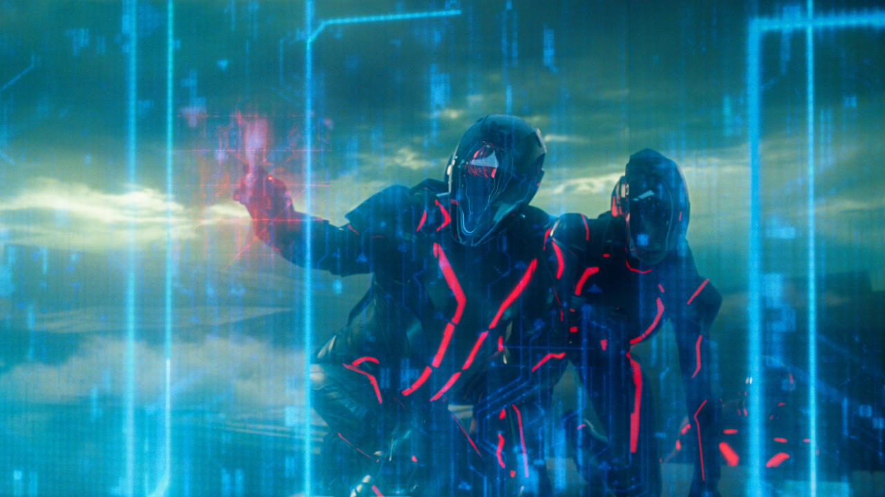 Dillinger Programs run into a blue wall of code in Tron: Ares.
