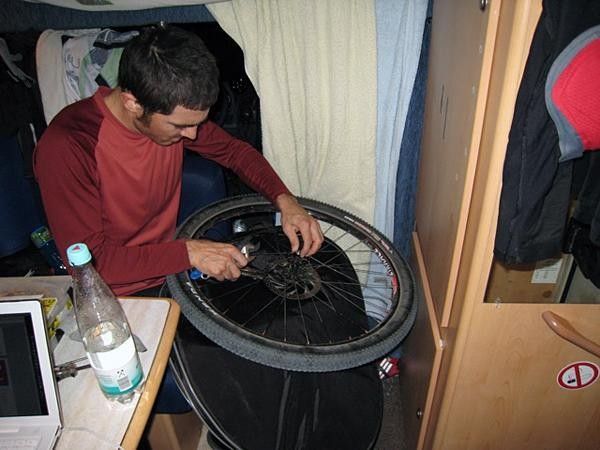 Mike fine tunes a wheel before the Madrid World Cup.