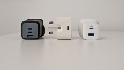 Anker phone chargers sitting on a white surface