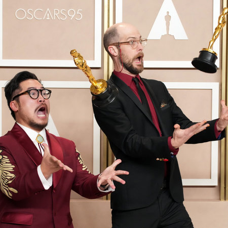 Dan Kwan and Daniel Scheinert, winners of the Best Director and Best Picture award for "Everything Everywhere All at Once", pose in the press room at the 95th Annual Academy Awards at Ovation Hollywood on March 12, 2023 in Hollywood, California