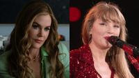 From left to right: A press image of Nicole Kiman from Margo's Got Money Troubles and a screenshot of Taylor Swift talking into a mic during the Eras Tour proshot. 