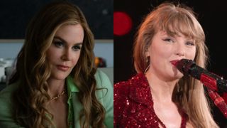 From left to right: A press image of Nicole Kiman from Margo's Got Money Troubles and a screenshot of Taylor Swift talking into a mic during the Eras Tour proshot. 