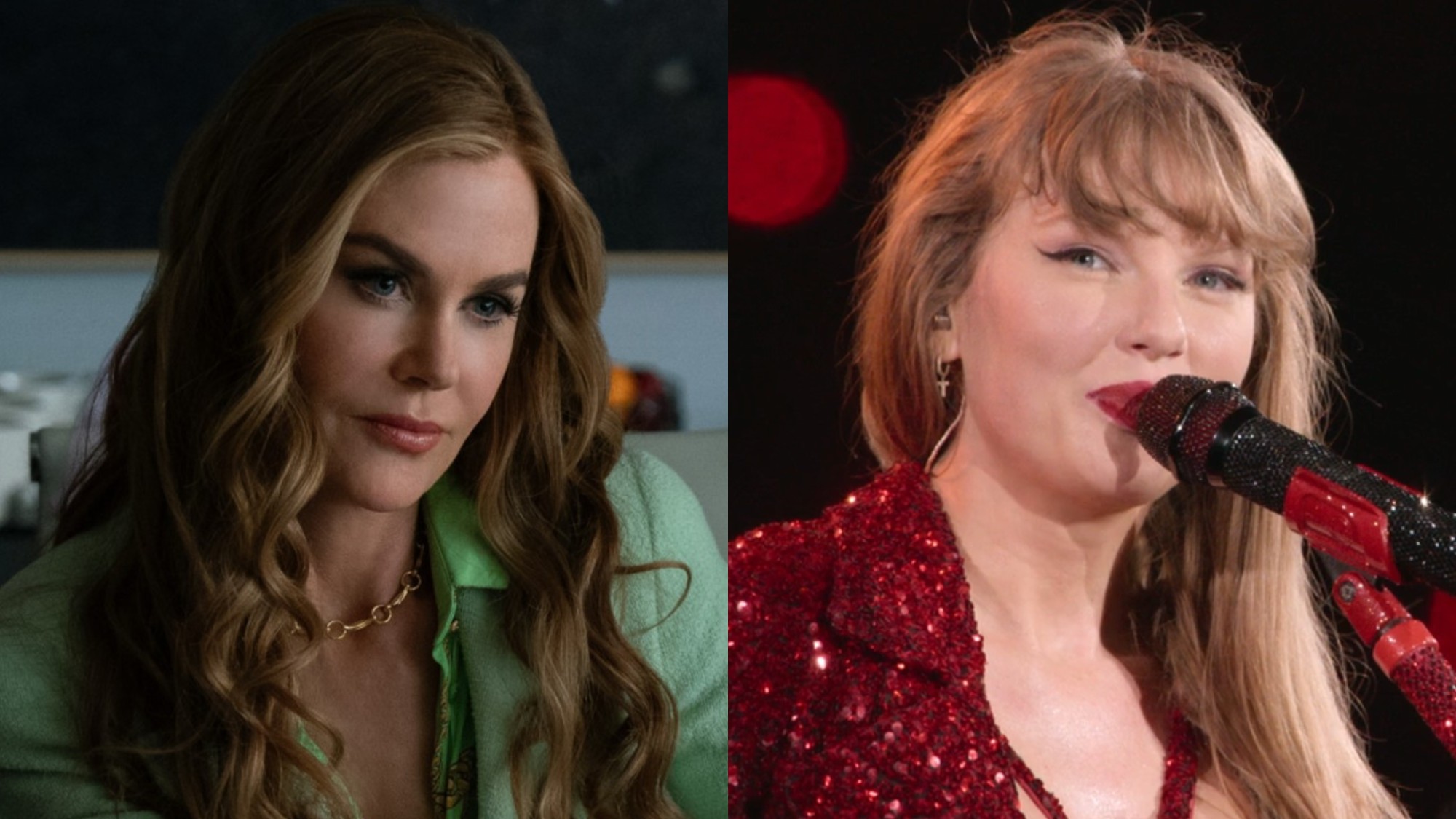 From left to right: A press image of Nicole Kiman from Margo's Got Money Troubles and a screenshot of Taylor Swift talking into a mic during the Eras Tour proshot. 