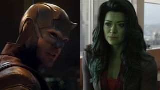 Daredevil in She-Hulk (left) She-Hulk in a suit (right)