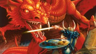 D&D artwork of a dragon fighting a warrior.