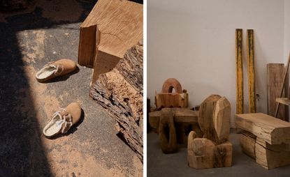 Side by side images of a shearling Birkenstock Bold sandal and carved wooden furniture