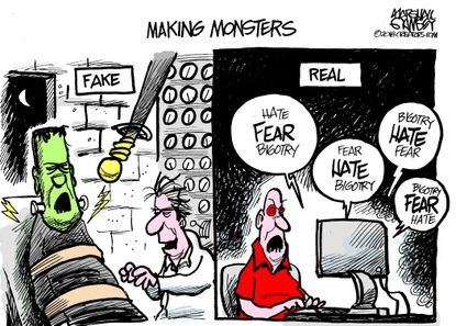 Political cartoon U.S. Halloween making monsters Frankenstein internet hate bigotry fear