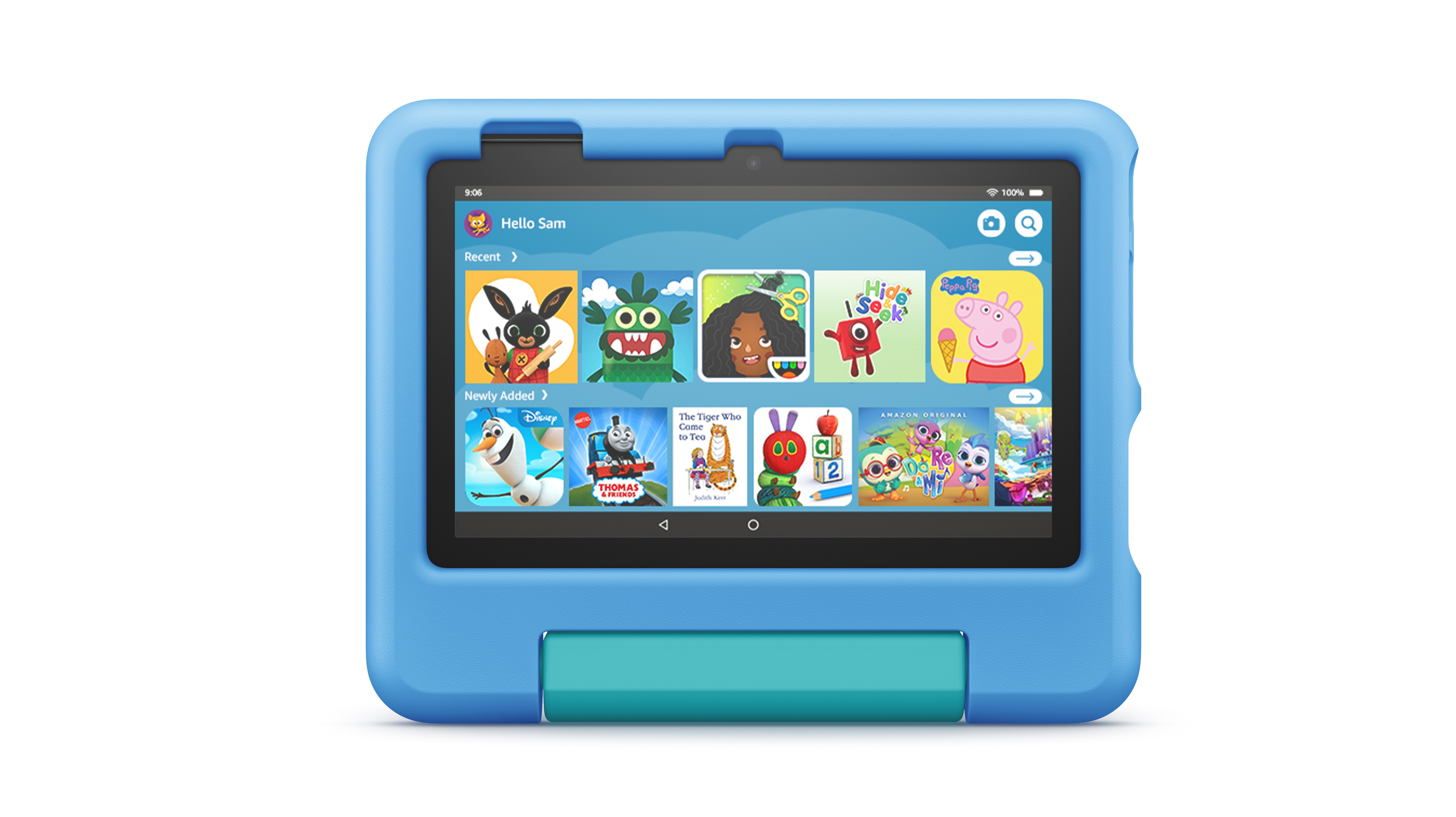 An Amazon Fire 7 Kids 2022 from the front, in blue