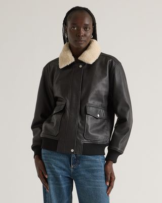 100% Leather Shearling Trim Aviator Jacket