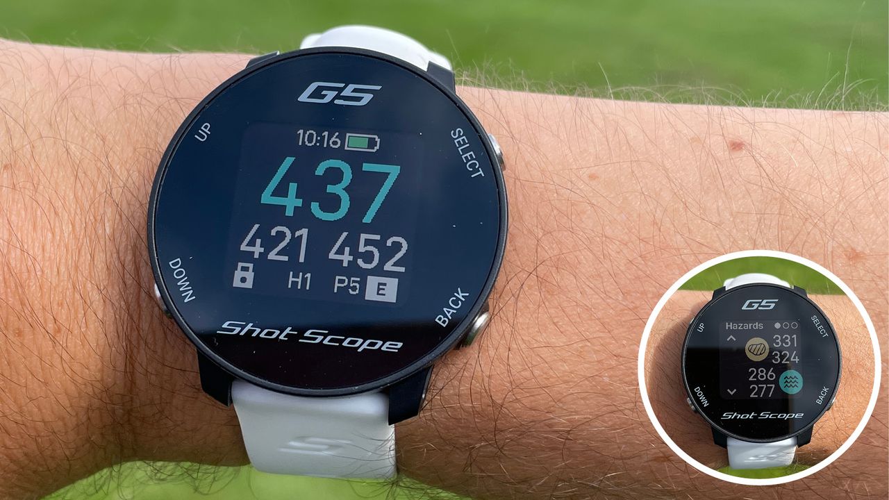 The Shot Scope G5 GPS Watch on a golfers wrist