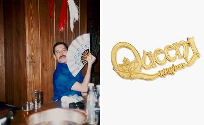 Freddie Mercury with a hand fan and a Queen brooch, set for the Freddie Mercury auction at Sotheby's