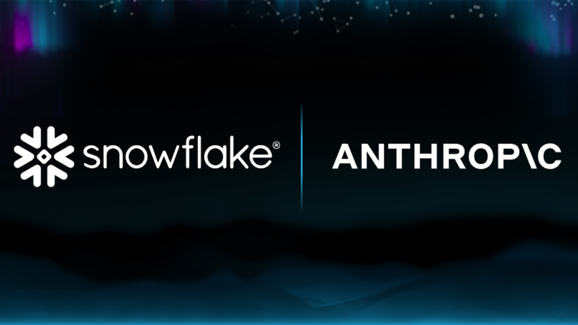 Snowflake and Anthropic logos pictured side by side with aurora borealis lights in corners of image.