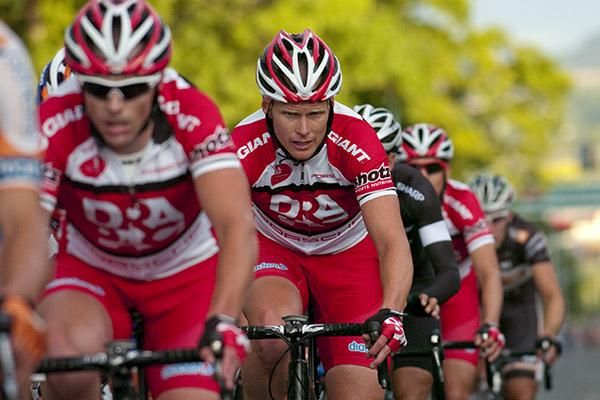 Stuart Shaw from the Australian Capital Territory follows through Drapac Professional Cycling teammate Victorian David Pell.