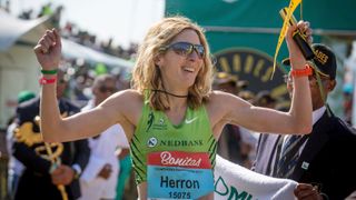 United States long-distance runner Camille Herron reacts after winning the 89km Comrades Marathon between Durban and Pietermaritzburg on June 4, 2017