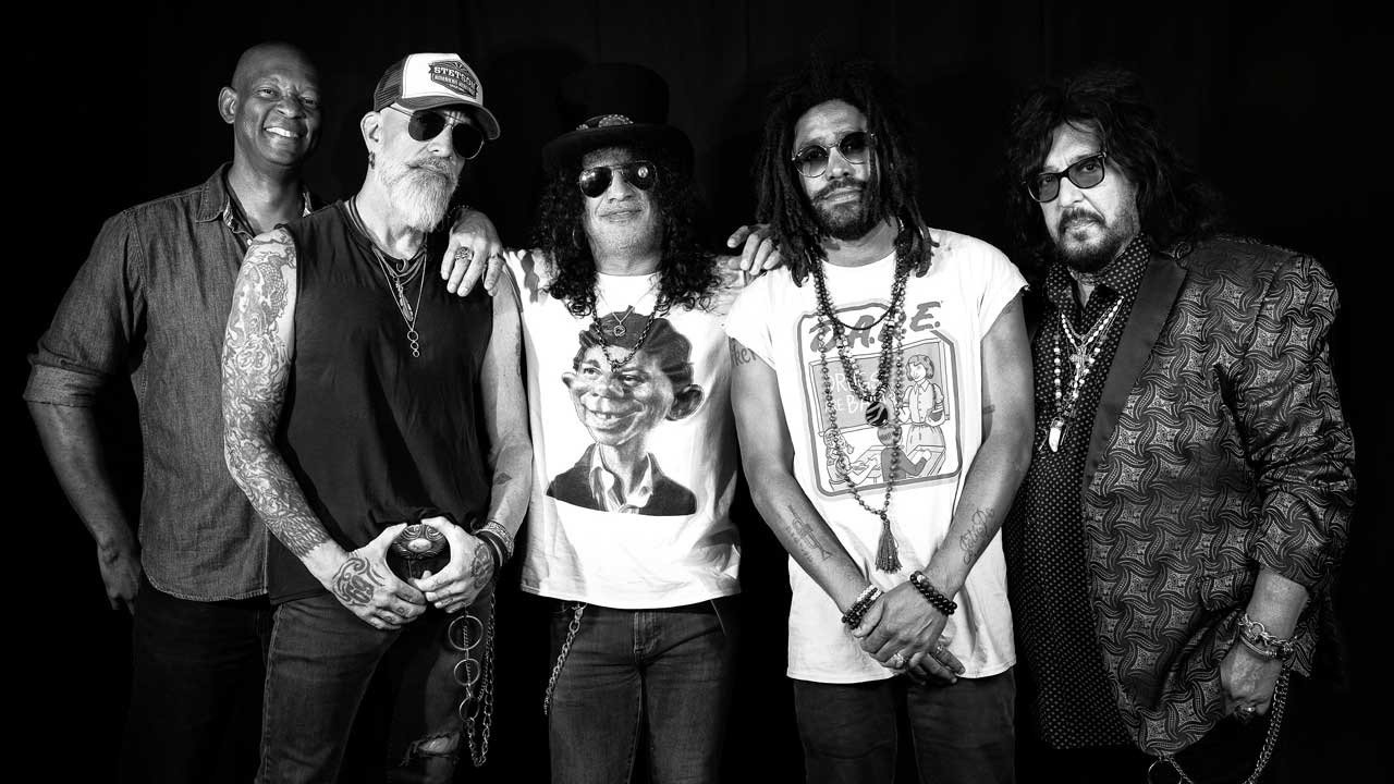 Slash’s Blues Ball band, studio portrait