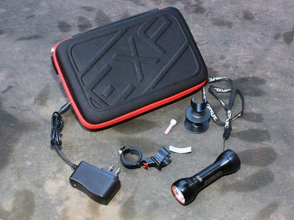 The full Exposure Diablo kit includes the light, helmet and handlebar mounts, and a quick charger, plus a handy storage case