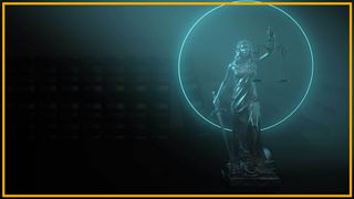 lady justice with a circle of neon blue and a dark background