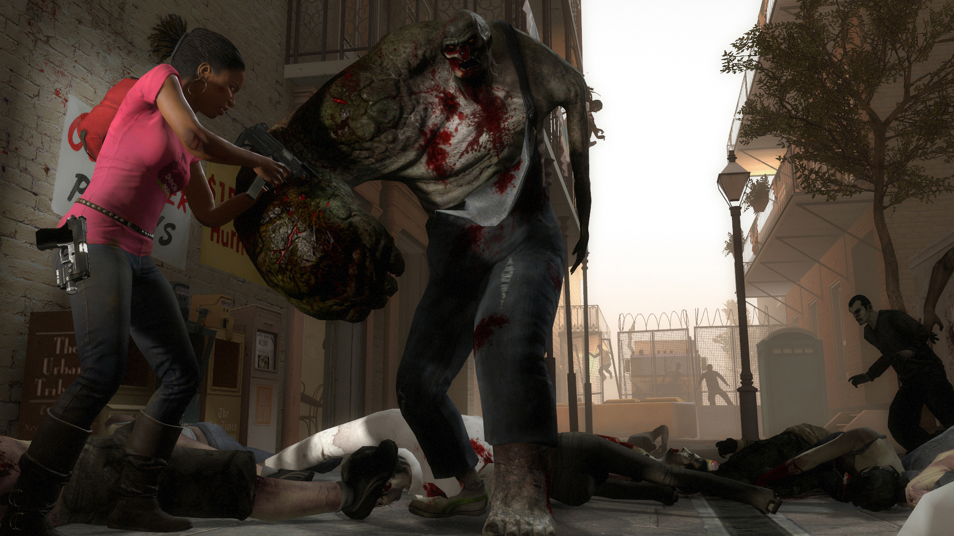 Left 4 Dead 2 character fighting off mutated zombie