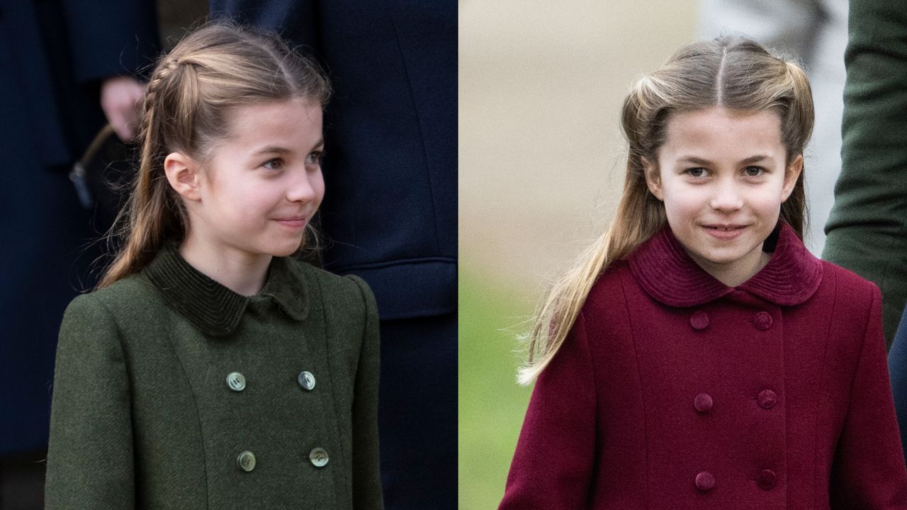 A photo of Princess Charlotte in a green coat and braided hairstyle next to one of her in a red coat