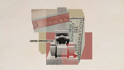 Photo collage of a Japanese-style grave, visa documents and immigration stamps