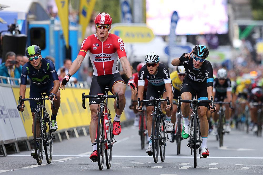 Andre Greipel crosses the line first during stage 8 of the Tour of Britain.