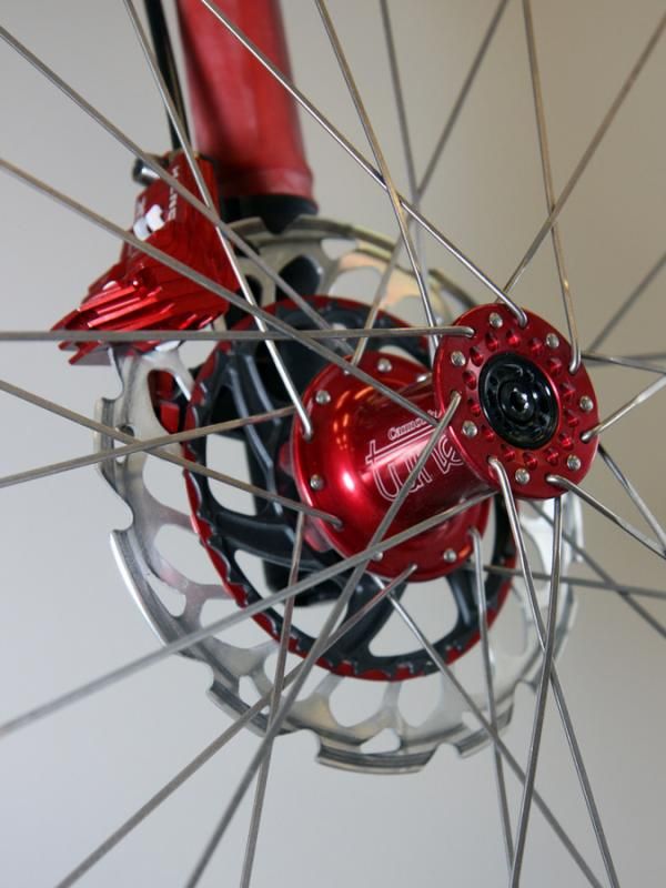 The front end of Fairwheel Bikes' Shimano Dura-Ace Di2-equipped Titus hardtail includes a lot of red anodizing.