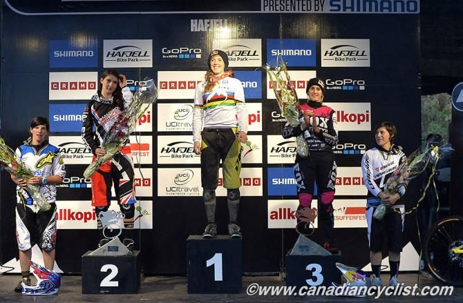 Elite women's downhill podium at Hafjell World Cup: Morgane Charre, Manon Carpenter, Rachel Atherton, Myriam Nicole, Emmeline Ragot