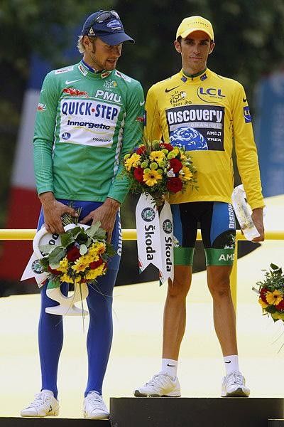 Boonen and Contador share the podium. You can tell they are about the same height.
