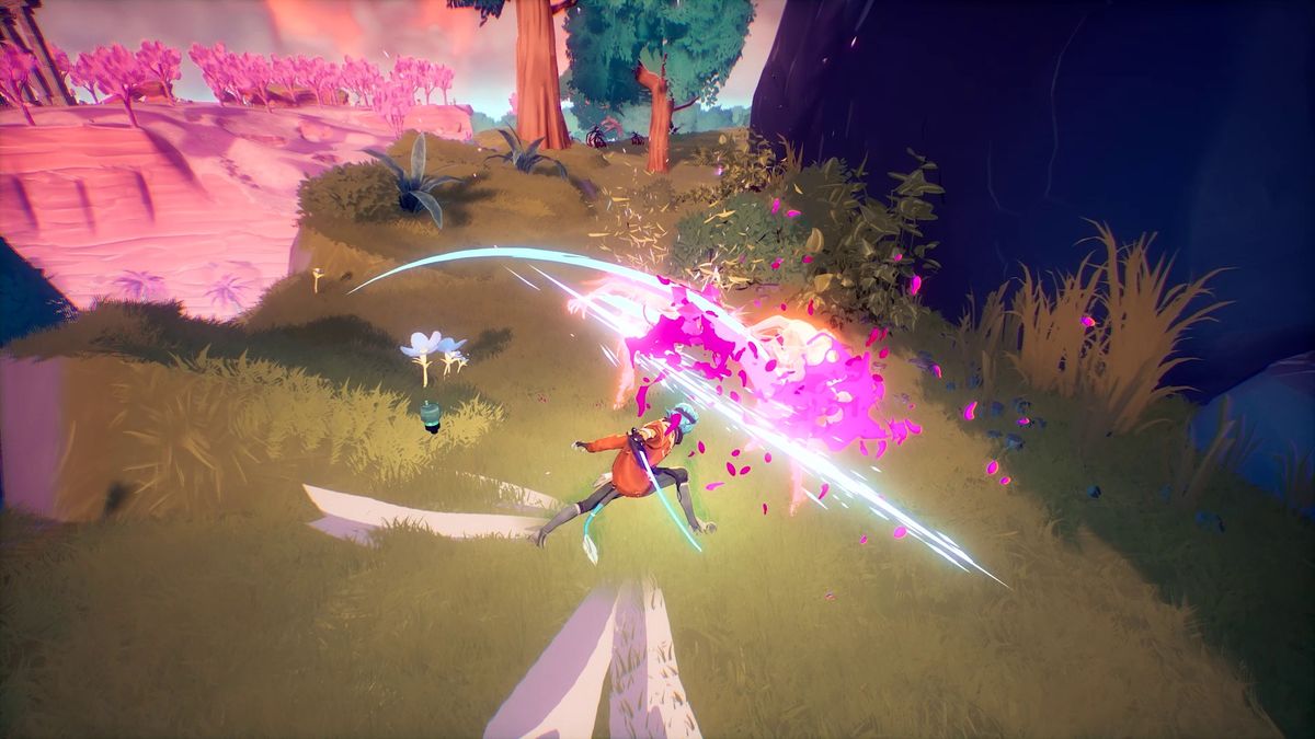 Hyper Light Breaker character attacking enemy with new katana weapon