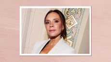 Victoria Beckham is pictured with brown smoky eye makeup look and wearing a white blazer at the Business of Fashion BoF 500 Class of 2024 during Paris Fashion Week at Shangri-La Hotel Paris on September 28, 2024 in Paris, France/ in a pink template