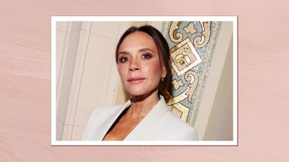 Victoria Beckham is pictured with brown smoky eye makeup look and wearing a white blazer at the Business of Fashion BoF 500 Class of 2024 during Paris Fashion Week at Shangri-La Hotel Paris on September 28, 2024 in Paris, France/ in a pink template