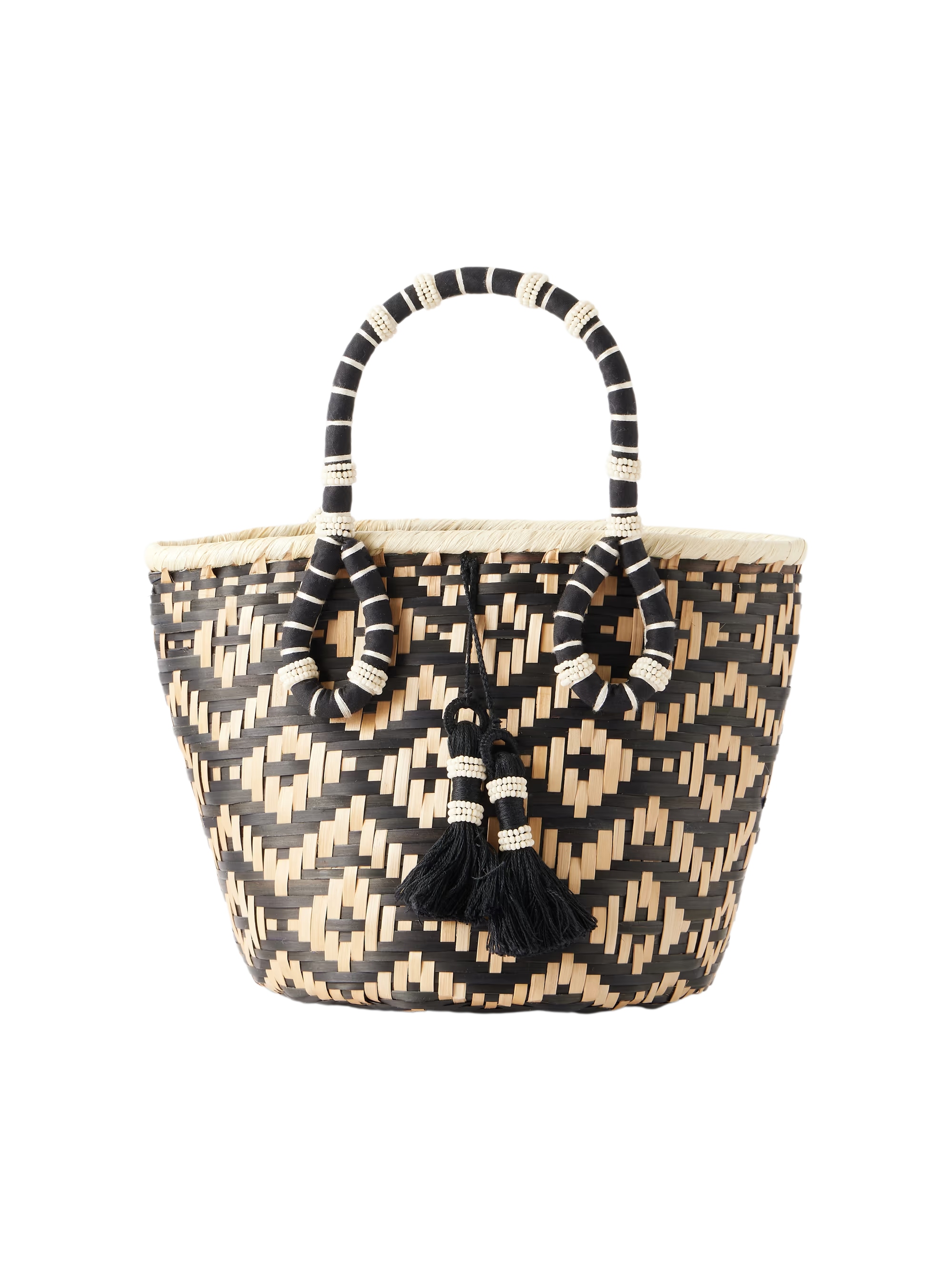 Black-and-beige raffia mini bucket bag.