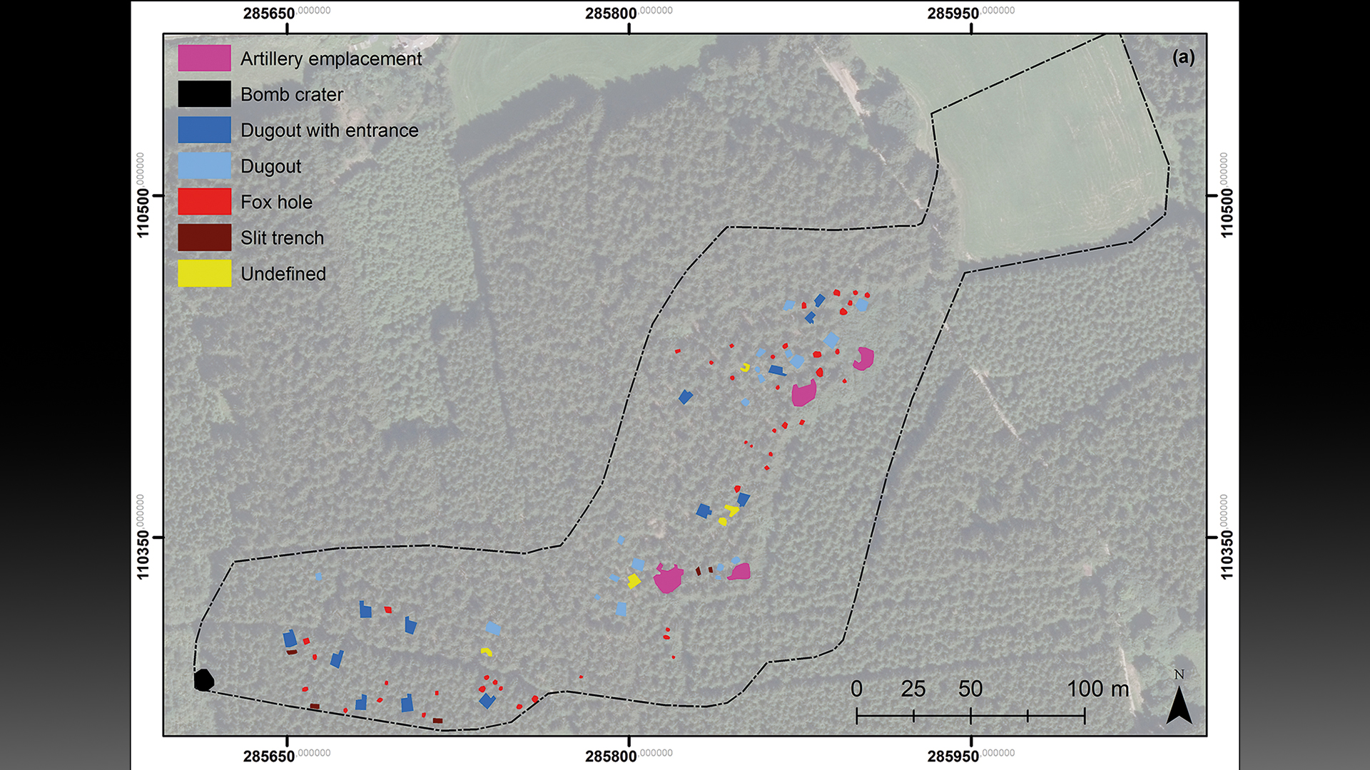 Archaeological detection in Battle of the Bulge site with interpretative map (orthophoto).