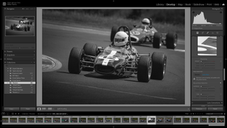 Lightroom Classic screenshot showing a classic racing car in black and white