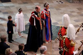 Britain's Prince William, Prince of Wales, Britain's Catherine, Princess of Wales, Britain's Princess Charlotte of Wales and Britain's Prince Louis of Wales arrive at Westminster Abbey in central London on May 6, 2023, ahead of the coronations of Britain's King Charles III and Britain's Camilla, Queen Consort. - The set-piece coronation is the first in Britain in 70 years, and only the second in history to be televised. Charles will be the 40th reigning monarch to be crowned at the central London church since King William I in 1066. Outside the UK, he is also king of 14 other Commonwealth countries, including Australia, Canada and New Zealand. Camilla, his second wife, will be crowned queen alongside him, and be known as Queen Camilla after the ceremony.