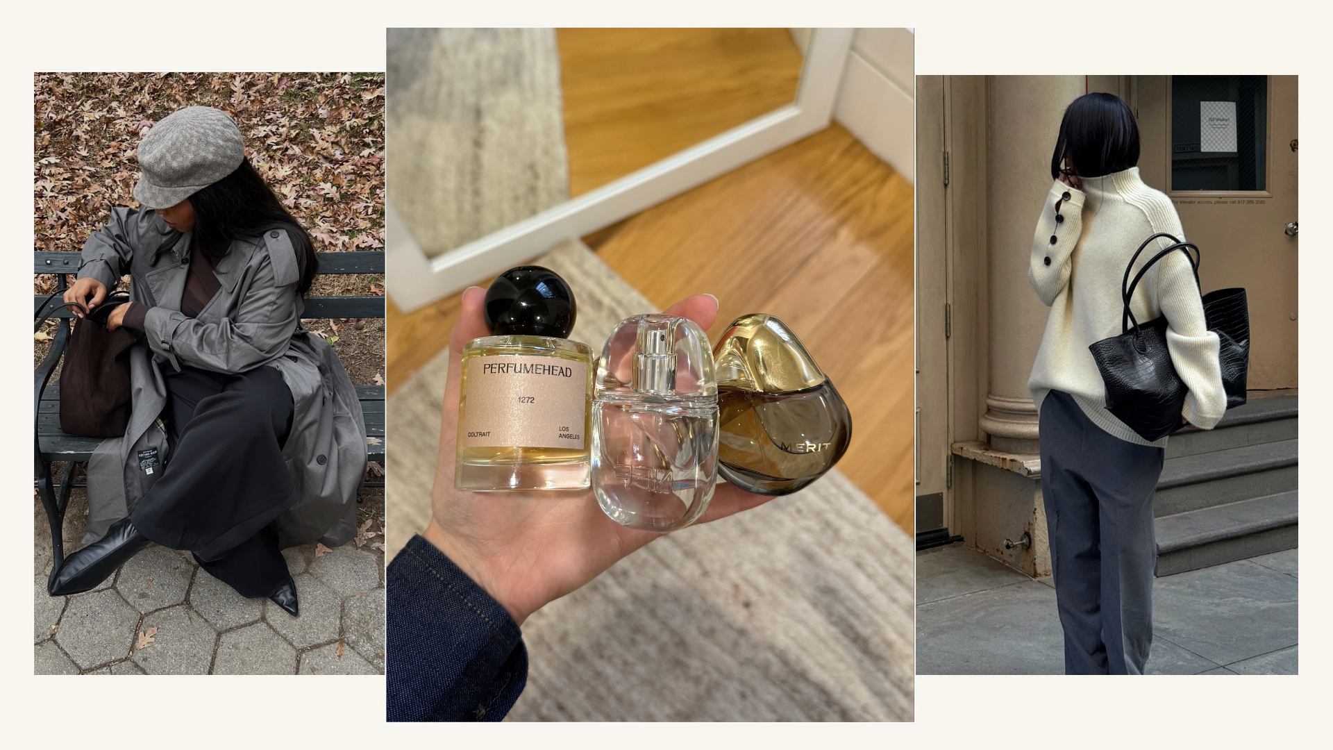 Photo collage of women wearing winter outfits and Jamie Schneider testing perfume 