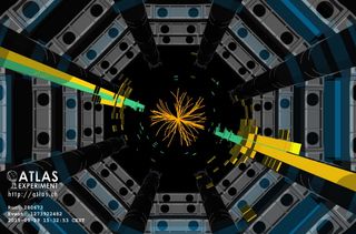 The ATLAS detector in the Large Hadron Collider picked up this jet of particles (yellow and green bars) when protons collided at energies of 13 TeV.
