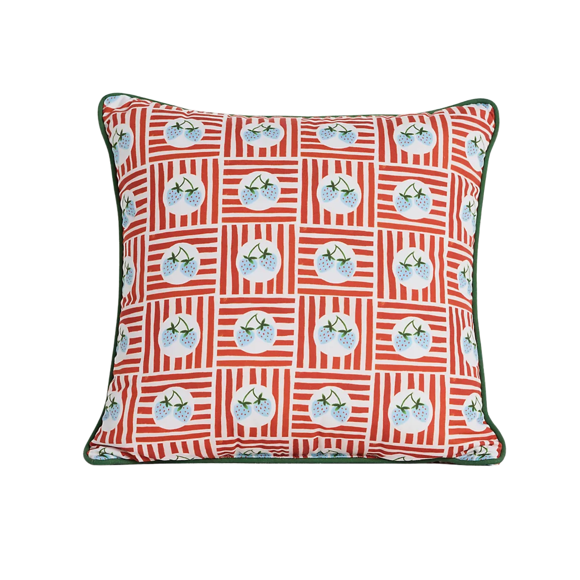 a red graphic outdoor pillow
