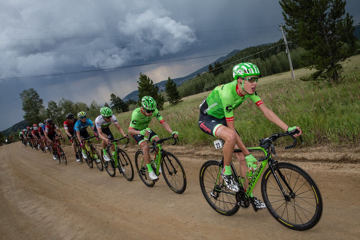 Hugh Carthy and Rigoberto Uran pace Alex Howes on the climb