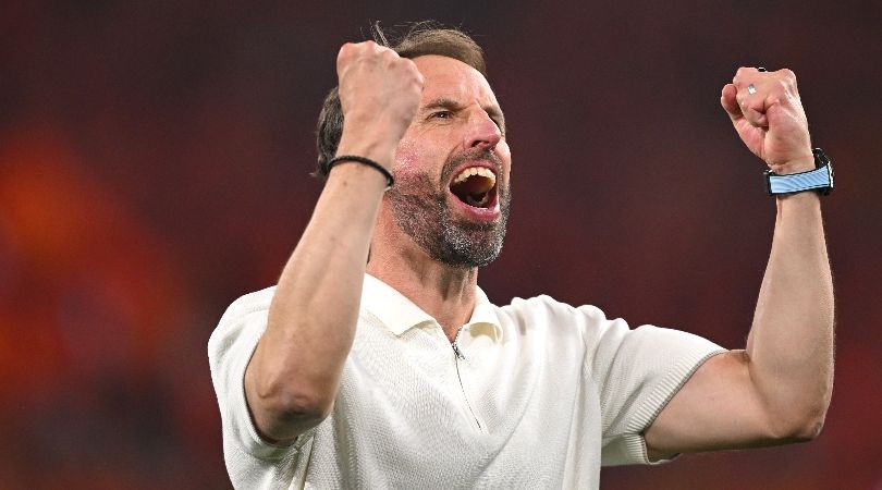 England manager Gareth Southgate celebrates after his side&#039;s semi-final win over the Netherlands at Euro 2024.