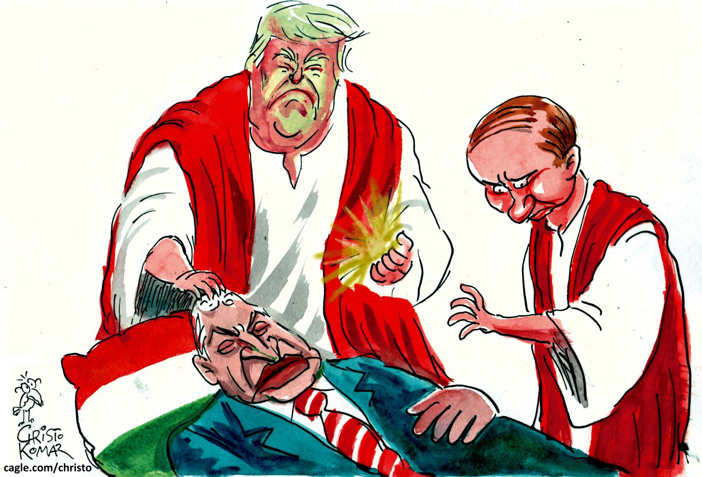 
                                This political cartoon resembles the AI-generated one Donald Trump posted and then deleted of himself as a Jesus-like figure trying to resurrect a man. This version depicts Trump and Vladimir Putin as Christ-like figures trying unsuccessfully to resurrect a dead Victor Orban.
                            